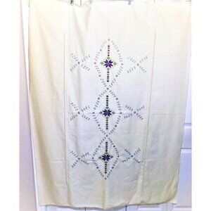 Vintage Embroidered 52 X 68 Beige Linen Tablecloth Purple and Green Design